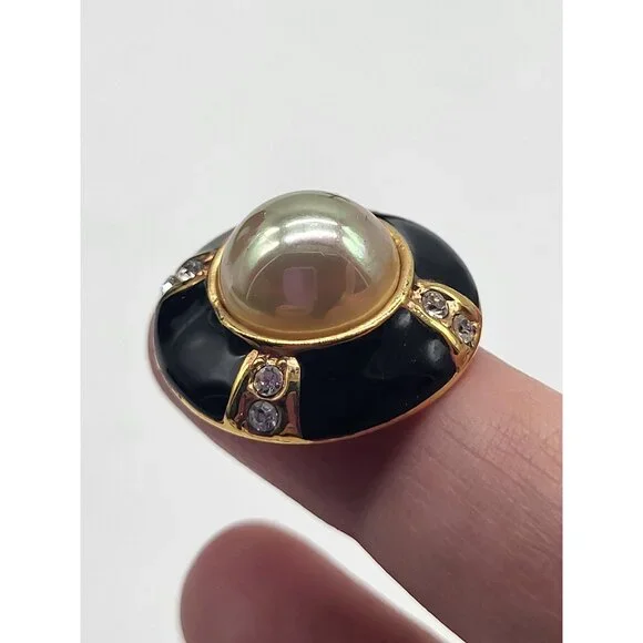 Vtg ROMAN COUTURE Black Enamel Rhinestone Cabochon Round Gold Tone Earrings - Picture 8 of 8